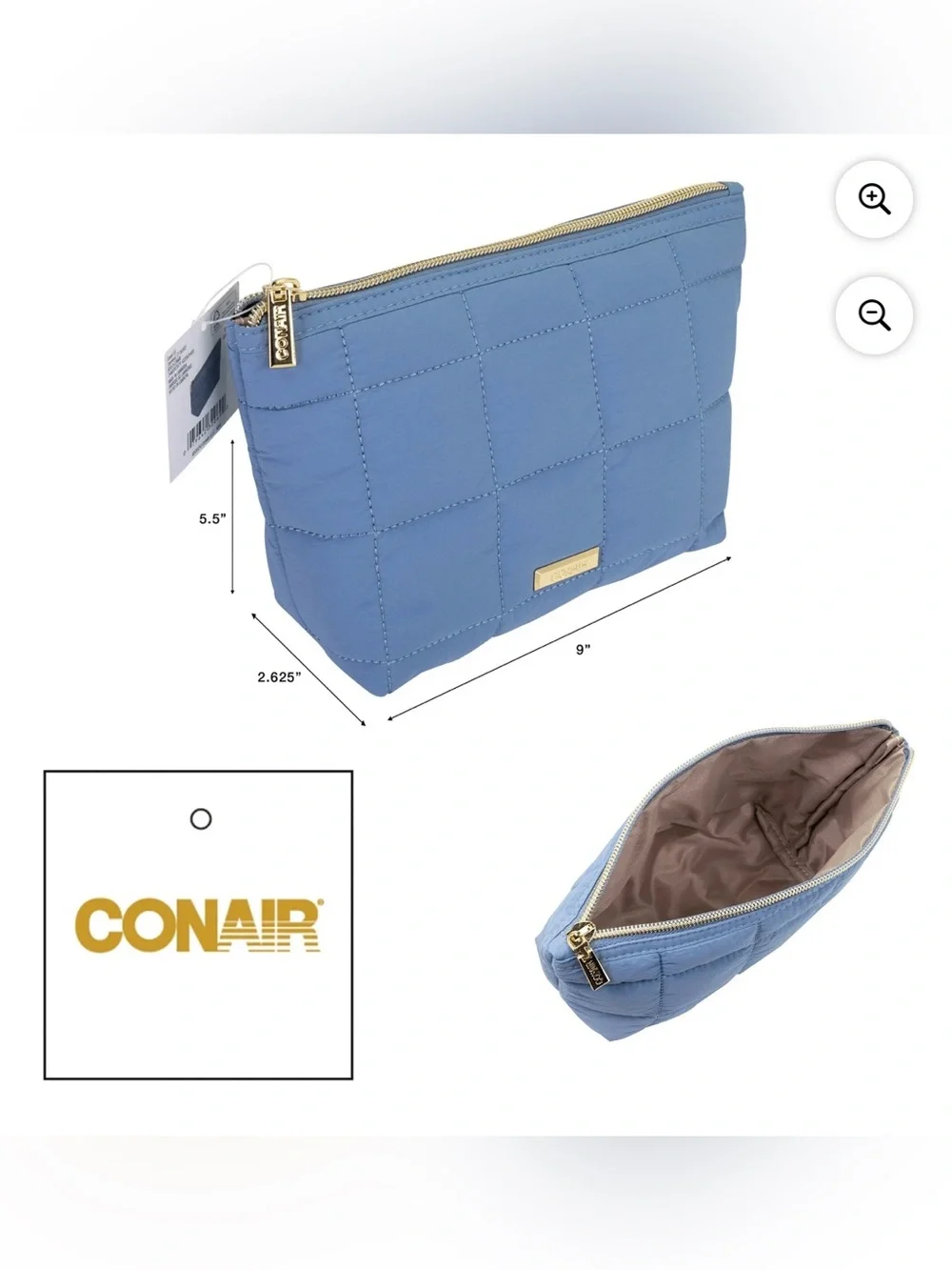 Conair Blue Quilted Clutch, Soft Polyester Beauty Pouch with Gold-Tone Hardware